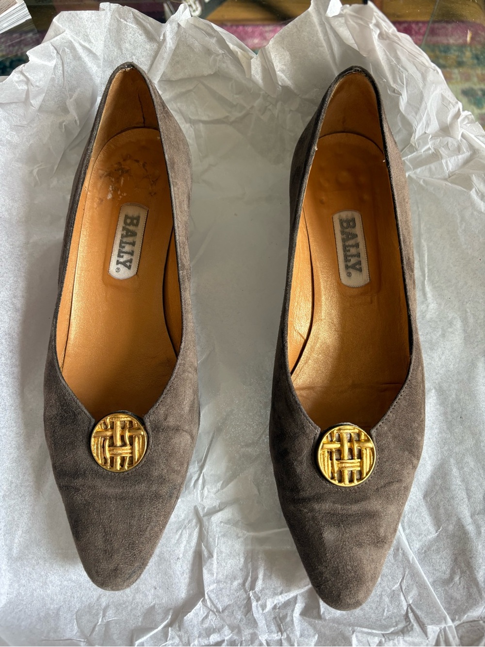 Bally Brown Suede Pointed-Toe Flats with Gold Medallion